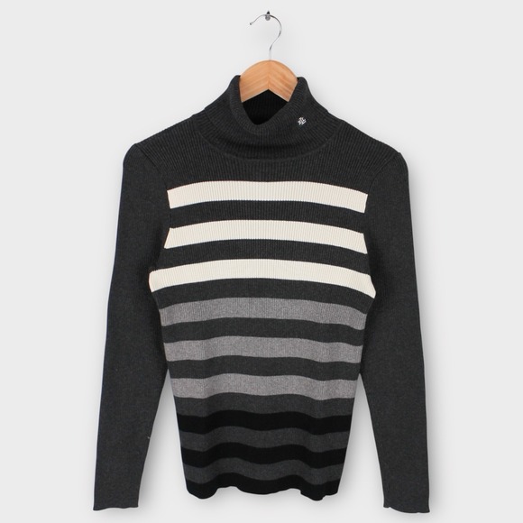 Lauren Ralph Lauren Sweaters - Lauren Ralph Lauren Ribbed Turtleneck Sweater Black Gray Striped Size Large